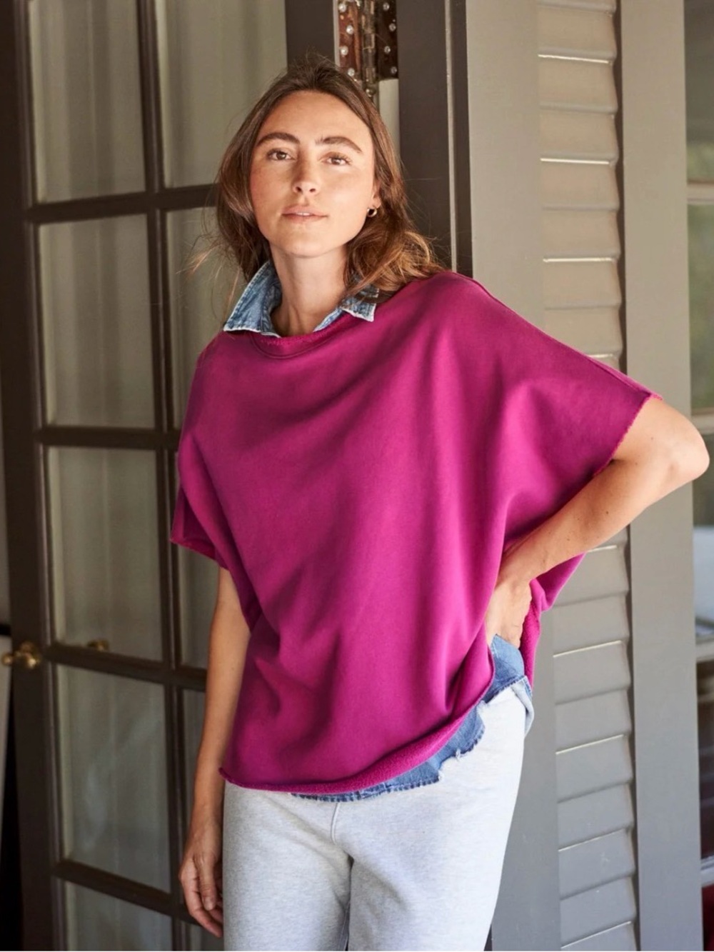 $218 Frank & Eileen Audrey Funnel Neck Capelet Fuchsia  Sweatshirt Top Rare OS